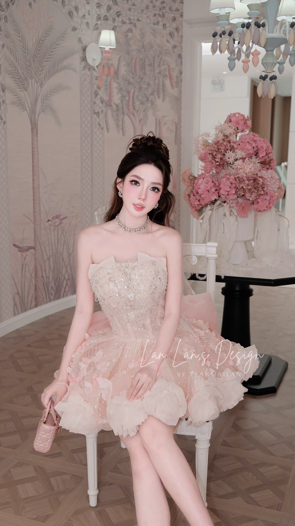 ชุดเดรส แต่งดอก กลิตเตอร์ สีชมพู BRAND HISO 2324BKK Size M - Image 5