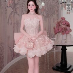 ชุดเดรส แต่งดอก กลิตเตอร์ สีชมพู BRAND HISO 2324BKK Size M