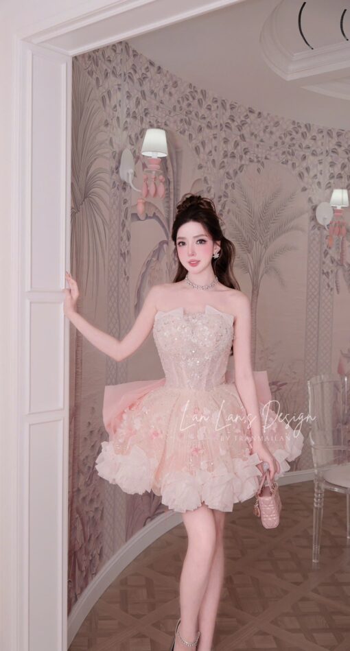 ชุดเดรส แต่งดอก กลิตเตอร์ สีชมพู BRAND HISO 2324BKK Size M - Image 3
