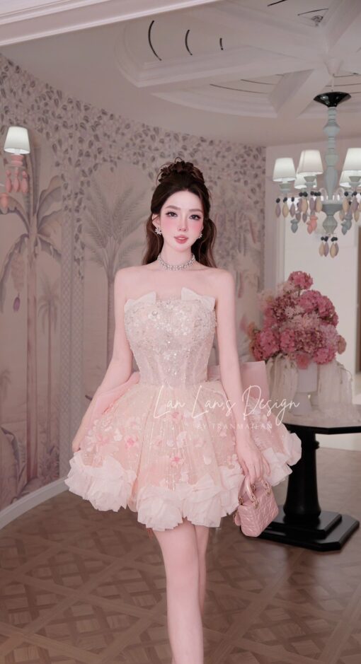 ชุดเดรส แต่งดอก กลิตเตอร์ สีชมพู BRAND HISO 2324BKK Size M - Image 2