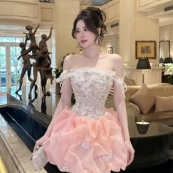 ชุดเดรส เกาะอก กระโปรงฟู แต่งมุก กลิตเตอร์ สีชมพู สีขาว Brand HISO 2325BKK Size M