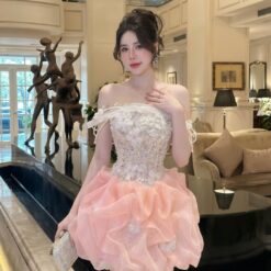 ชุดเดรส เกาะอก กระโปรงฟู แต่งมุก กลิตเตอร์ สีชมพู สีขาว Brand HISO 2325BKK Size M