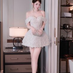 ชุดเดรส ปาดไหล่ แต่งดอก + กลิตเตอร์ BRAND HISO 2332 BKK Size M