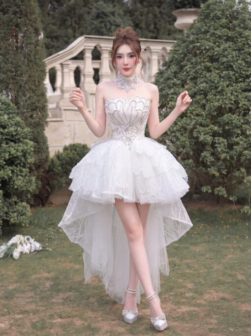 ชุดเดรส หาง แต่งกลิตเตอร์ + เพชร คล้องคอ สีขาว BRAND HISO 2323BKK Size M - Image 6