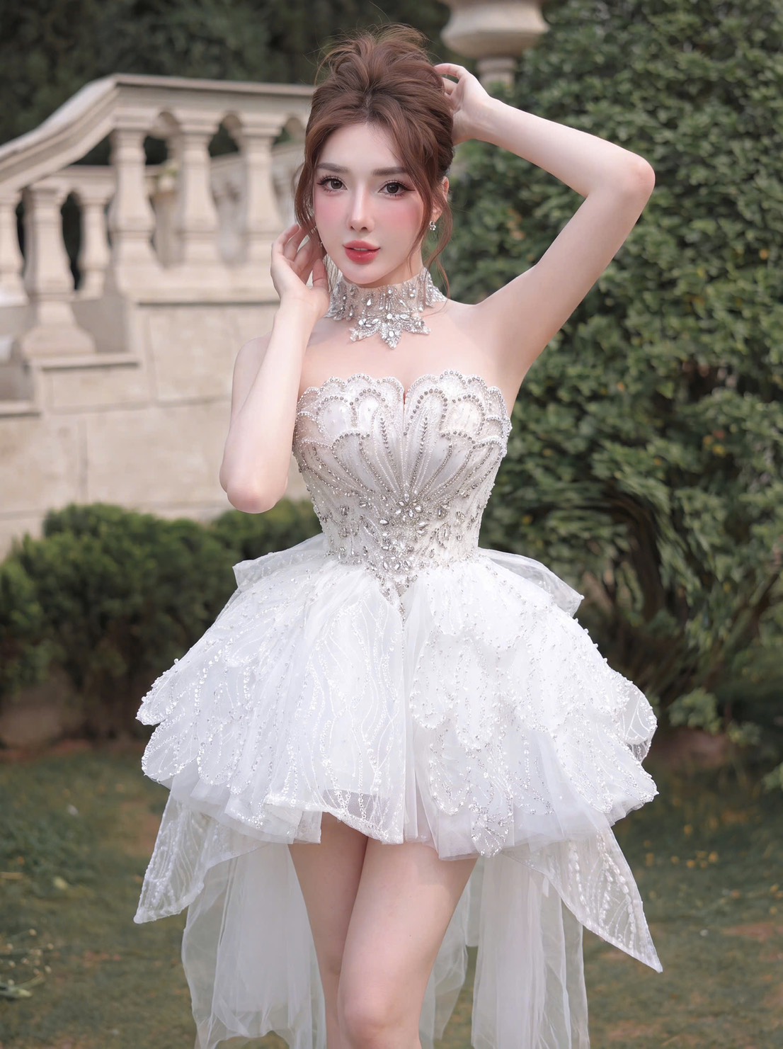 ชุดเดรส หาง แต่งกลิตเตอร์ + เพชร คล้องคอ สีขาว BRAND HISO 2323BKK Size M - Image 5