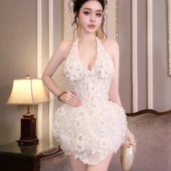 ชุดเดรส คล้องคอ สีขาว แต่งกลิตเตอร์ BRAND HISO 2333 BKK Size M
