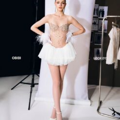 ชุดเดรส สายเดี่ยว แต่งเพรช สีขาว BRAND OBIBI 2275 BKK SIZE S-M