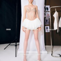 ชุดเดรส สายเดี่ยว แต่งเพรช สีขาว BRAND OBIBI 2275 BKK SIZE S-M