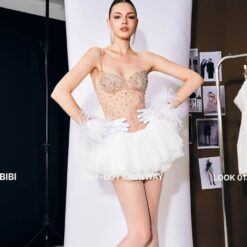 ชุดเดรส สายเดี่ยว แต่งเพรช สีขาว BRAND OBIBI 2275 BKK SIZE S-M