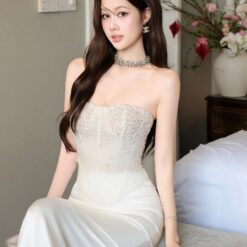 ชุดเซ็ท เกาะอก คอร์เซ็ต กลิตเตอร์  สีขาว BRAND OBIBI 4036 BKK SIZE M