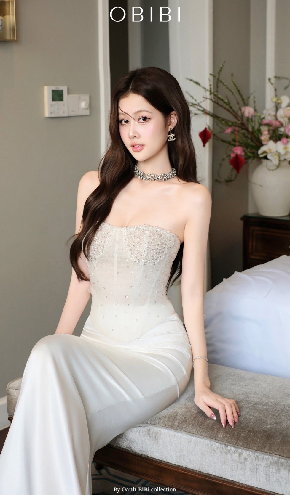 ชุดเซ็ท เกาะอก คอร์เซ็ต กลิตเตอร์ สีขาว BRAND OBIBI 4036 BKK SIZE M - Image 2