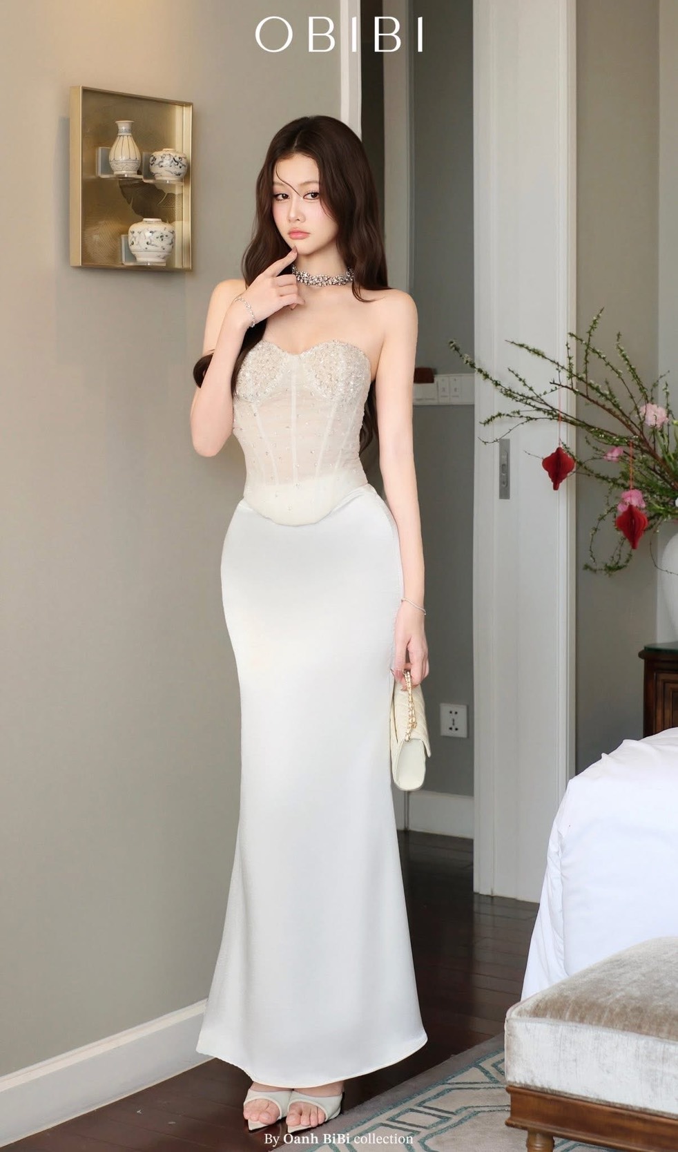 ชุดเซ็ท เกาะอก คอร์เซ็ต กลิตเตอร์ สีขาว BRAND OBIBI 4036 BKK SIZE M - Image 5