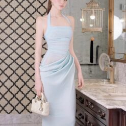 ชุดเดรสยาว ราตรี คล้องคอ เสื้อซีทรู-กระโปรงผ้าซาติน สีดำ,สีแดง,สีฟ้า BRAND OBIBI 2286 BKK SIZE S