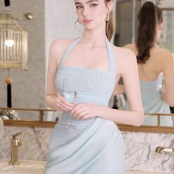 ชุดเดรสยาว ราตรี คล้องคอ เสื้อซีทรู-กระโปรงผ้าซาติน สีดำ,สีแดง,สีฟ้า BRAND OBIBI 2286 BKK SIZE S