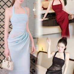 ชุดเดรสยาว ราตรี คล้องคอ เสื้อซีทรู-กระโปรงผ้าซาติน สีดำ,สีแดง,สีฟ้า BRAND OBIBI 2286 BKK SIZE S