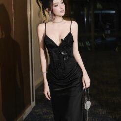 ชุดเดรสยาว ราตรี สายเดี่ยว แต่งดอก สีดำ BRAND Thao_bibii 2297 BKK SIZE S