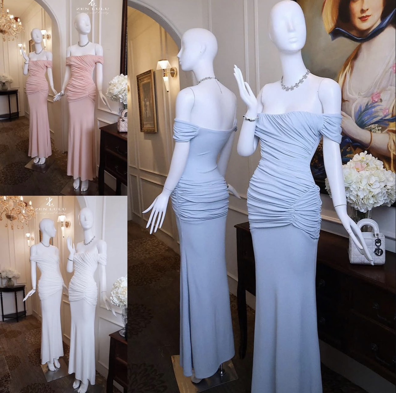 ชุดเดรสยาว ราตรี ปาดไหล่ สีชมพู , สีฟ้า BRAND ZEN LULU 2302 BKK SIZE S-M - Image 11