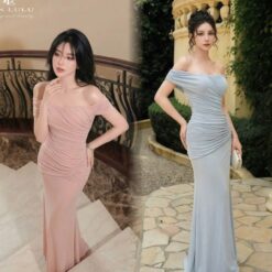 ชุดเดรสยาว ราตรี ปาดไหล่ สีชมพู , สีฟ้า BRAND ZEN LULU 2302 BKK SIZE S-M
