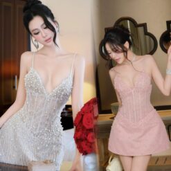 ชุดเดรส สายเดี่ยว แต่งมุก สีชมพู , สีครีม-ขาว BRAND Thao_bibii 2290 BKK SIZE M