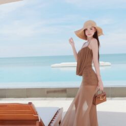 ชุดเดรส ราตรี สายเดี่ยว สีน้ำตาล BRAND TRANALI 2309 BKK SIZE M