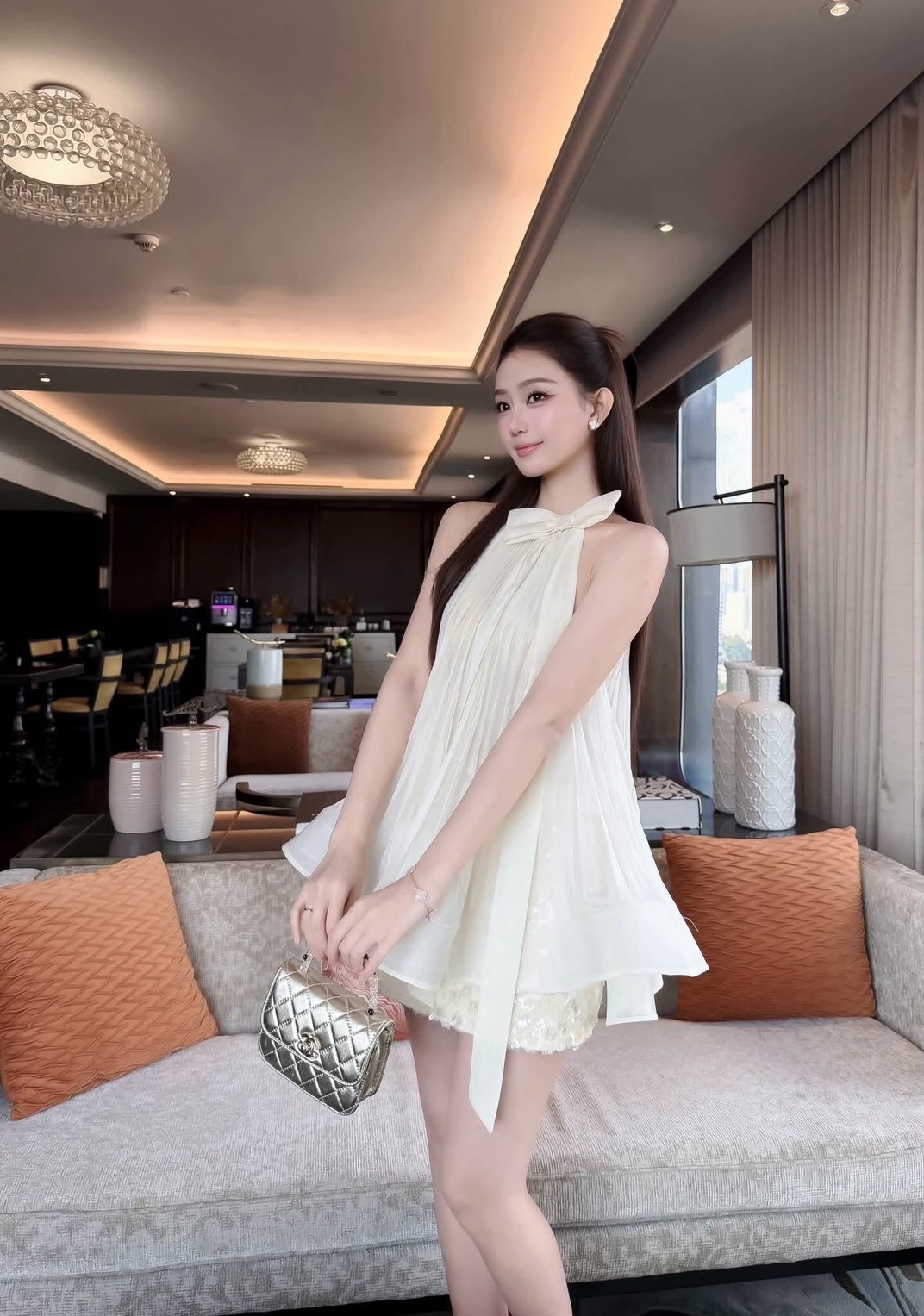 ชุดเซ็ท คล้องคอ แต่งโบว์ สี ขาว ครีม BRAND TRANALI 4039 BKK SIZE S - Image 3