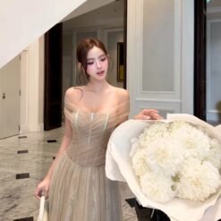 ชุดเดรสยาว ราตรี ปาดไหล่ สี เขียว ครีม BRAND TRANALI 2311 BKK SIZE S