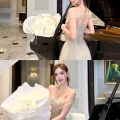 ชุดเดรสยาว ราตรี ปาดไหล่ สี เขียว ครีม BRAND TRANALI 2311 BKK SIZE S