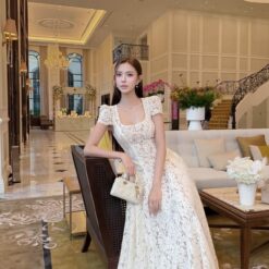 ชุดเดรสยาว ราตรี ลูกไม้ สีขาว BRAND TRANALI 2313 BKK SIZE M