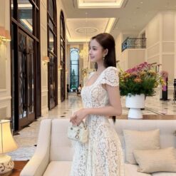 ชุดเดรสยาว ราตรี ลูกไม้ สีขาว BRAND TRANALI 2313 BKK SIZE M