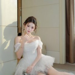 ชุดเดรส ปาดไหล่ กระโปรงฟู สีขาว Brand KATHY 2321BKK Size S-M