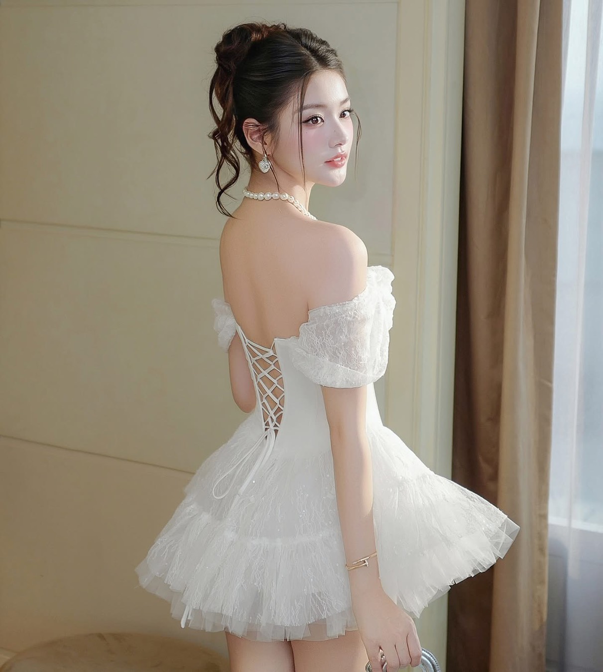 ชุดเดรส ปาดไหล่ กระโปรงฟู สีขาว Brand KATHY 2321BKK Size S-M - Image 2