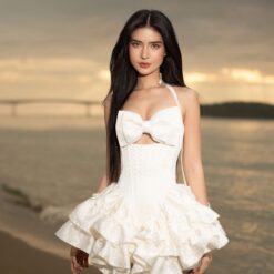 ชุดเดรส เกาะอก กระโปรงฟู แต่งโบว์ สีขาว Brand KATHY 2315 BKK Size M