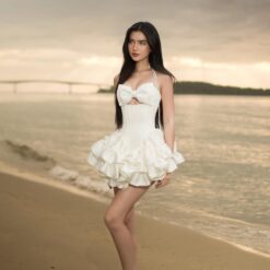 ชุดเดรส เกาะอก กระโปรงฟู แต่งโบว์ สีขาว Brand KATHY 2315 BKK Size M