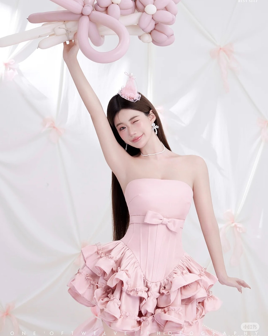 ชุดเดรส เกาะอก กระโปรงฟู แต่งโบว์ สีชมพู สีขาว Brand KATHY 2317 BKK Size M - Image 11