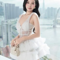 ชุดเดรส กระโปรงฟู ระบายลูกไม้ สีขาว Brand KATHY 2318 BKK Size M