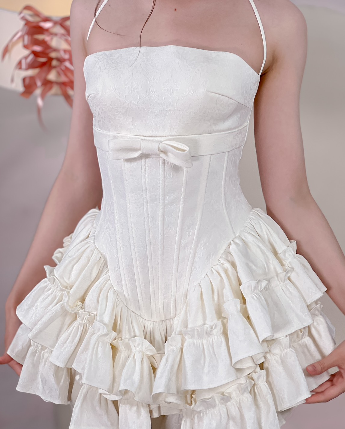 ชุดเดรส เกาะอก กระโปรงฟู แต่งโบว์ สีชมพู สีขาว Brand KATHY 2317 BKK Size M - Image 7
