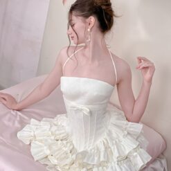 ชุดเดรส เกาะอก กระโปรงฟู แต่งโบว์ สีชมพู สีขาว Brand KATHY 2317 BKK Size M