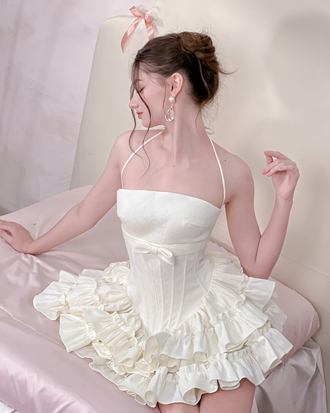 ชุดเดรส เกาะอก กระโปรงฟู แต่งโบว์ สีชมพู สีขาว Brand KATHY 2317 BKK Size M - Image 5