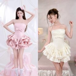 ชุดเดรส เกาะอก กระโปรงฟู แต่งโบว์ สีชมพู สีขาว Brand KATHY 2317 BKK Size M