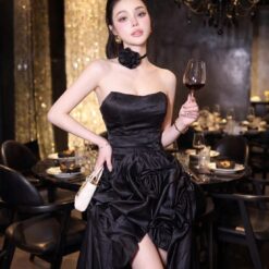 ชุดเดรส ราตรียาว เกาะอก แต่งดอก สีดำ 2338 BKK Size M BKK