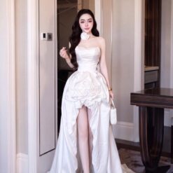 ชุดเดรส ราตรียาว เกาะอก แต่งดอก สีขาว 2339 BKK Size M BKK