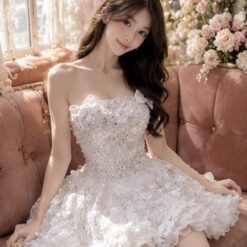 ชุดเดรส เกาะอก แต่งโบว์+มุก ผีเสื้อ สีขาว BRAND HISO 2336 BKK Size M
