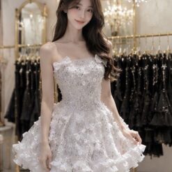 ชุดเดรส เกาะอก แต่งโบว์+มุก ผีเสื้อ สีขาว BRAND HISO 2336 BKK Size M