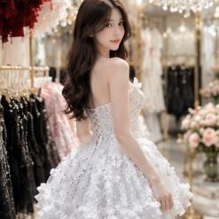 ชุดเดรส เกาะอก แต่งโบว์+มุก ผีเสื้อ สีขาว BRAND HISO 2336 BKK Size M
