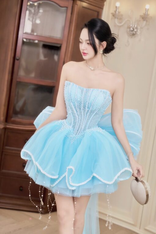 ชุดเดรส เกาะอก แต่งมุก+โบว์ สีขาว สีชมพู สีฟ้า BRAND HISO 2328BKK Size M - Image 18