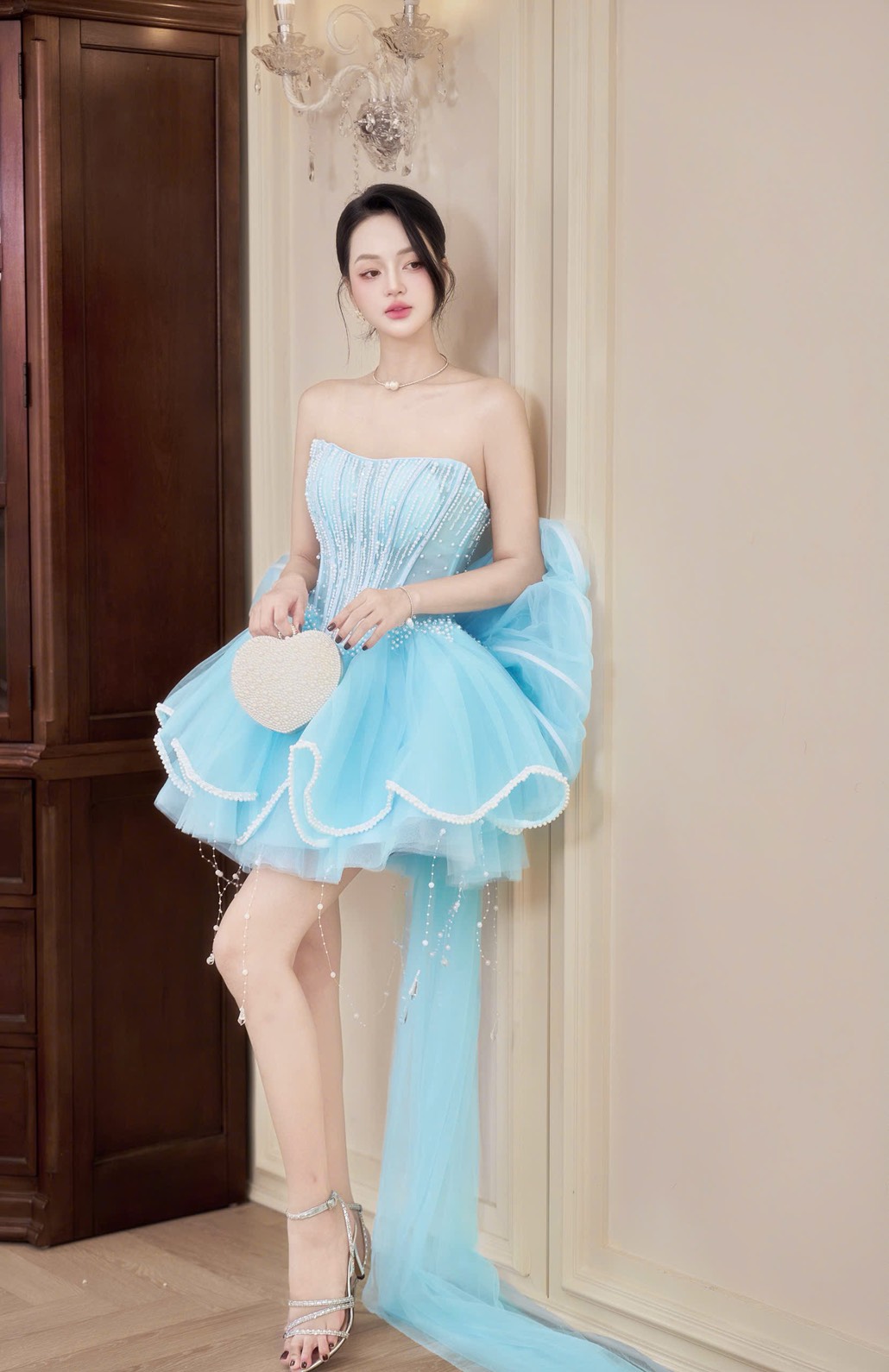 ชุดเดรส เกาะอก แต่งมุก+โบว์ สีขาว สีชมพู สีฟ้า BRAND HISO 2328BKK Size M - Image 17
