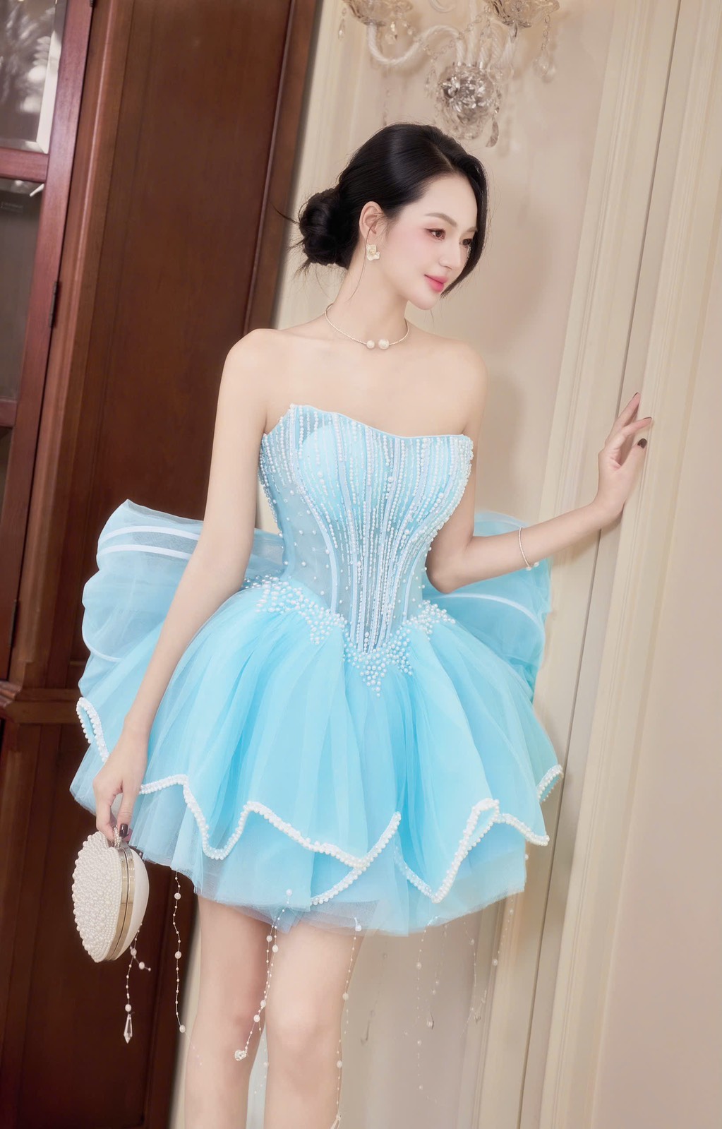 ชุดเดรส เกาะอก แต่งมุก+โบว์ สีขาว สีชมพู สีฟ้า BRAND HISO 2328BKK Size M - Image 16