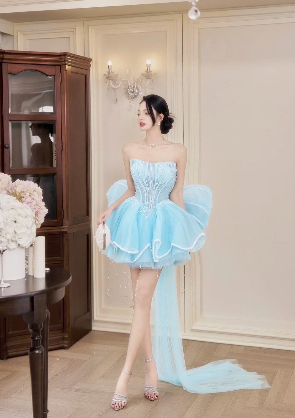 ชุดเดรส เกาะอก แต่งมุก+โบว์ สีขาว สีชมพู สีฟ้า BRAND HISO 2328BKK Size M - Image 15