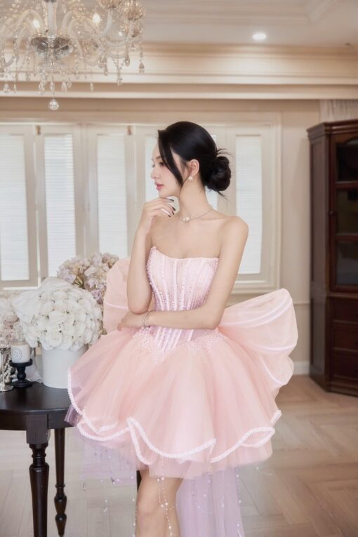 ชุดเดรส เกาะอก แต่งมุก+โบว์ สีขาว สีชมพู สีฟ้า BRAND HISO 2328BKK Size M - Image 14