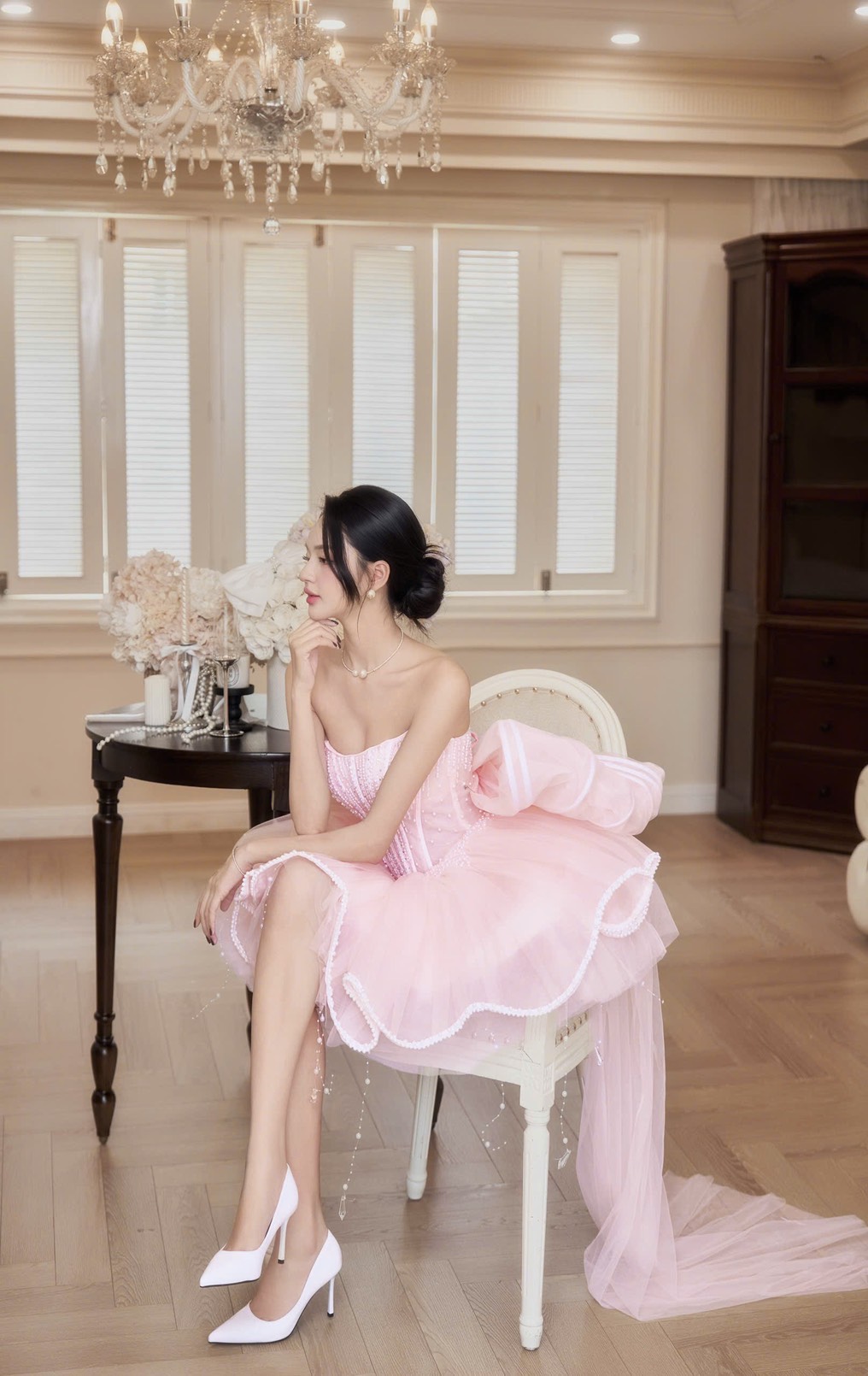 ชุดเดรส เกาะอก แต่งมุก+โบว์ สีขาว สีชมพู สีฟ้า BRAND HISO 2328BKK Size M - Image 13